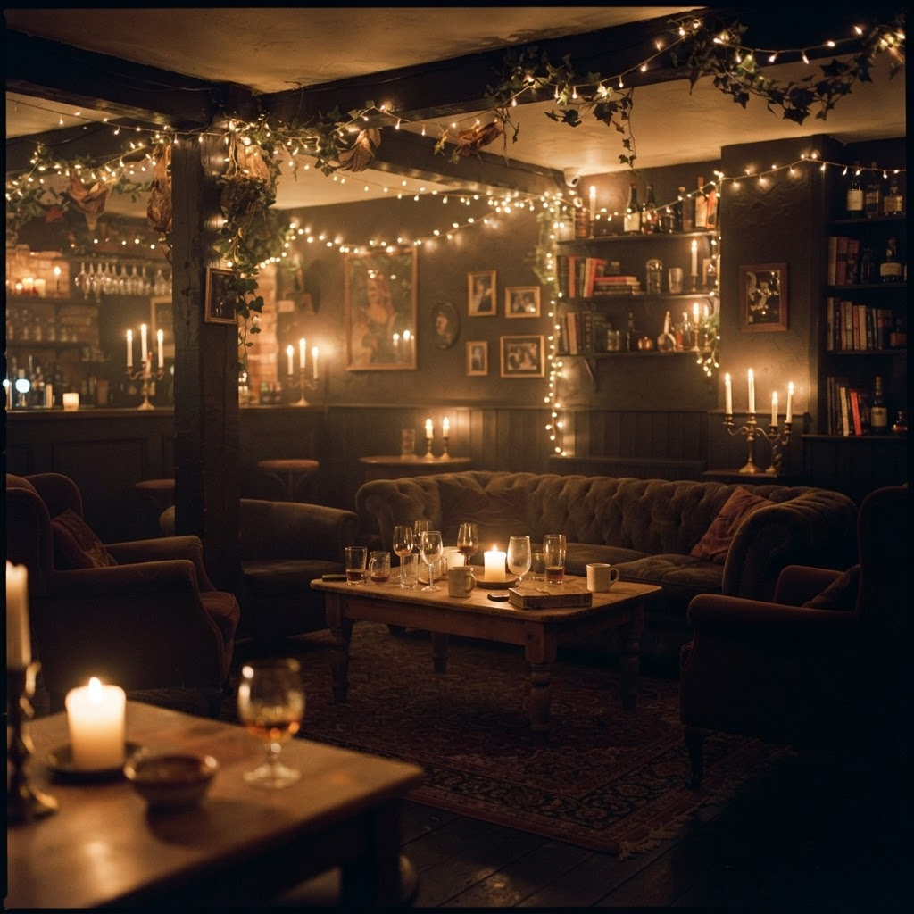 Intimate private gathering space lit by warm string lights
