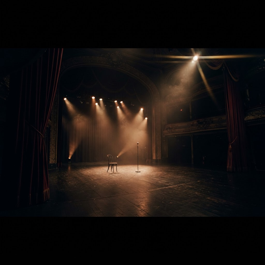 An empty theatrical stage lit by warm amber beams cutting through atmospheric haze